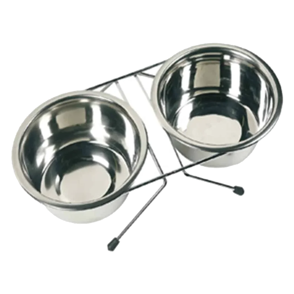 Comedero doble con base y platos metálicos para perros — pequeño, mediano y grande