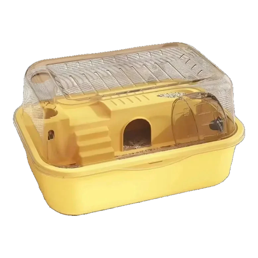 Jaula para hámster antimordeduras amarilla con tapa abatible transparente