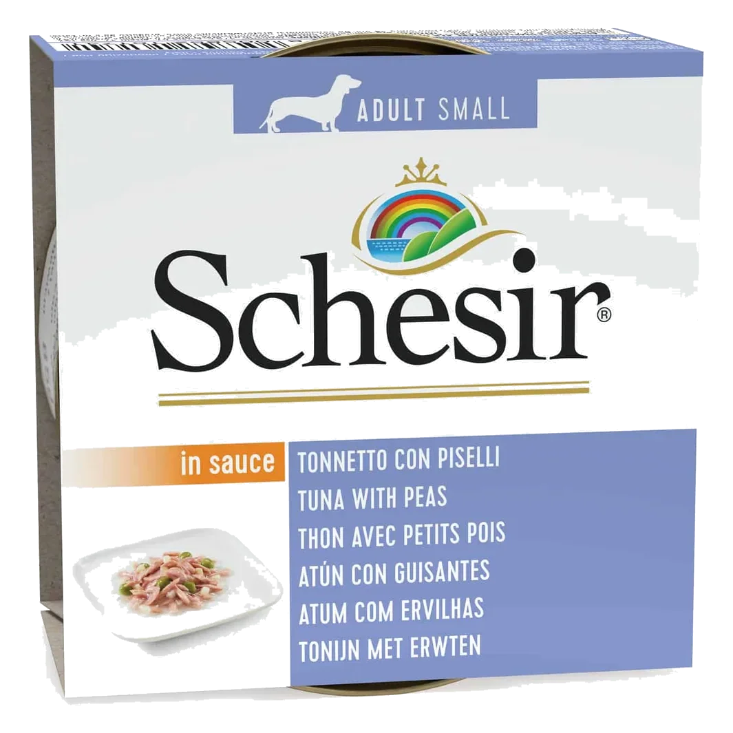 Schesir atún con guisantes en salsa para perros, lata 85 g