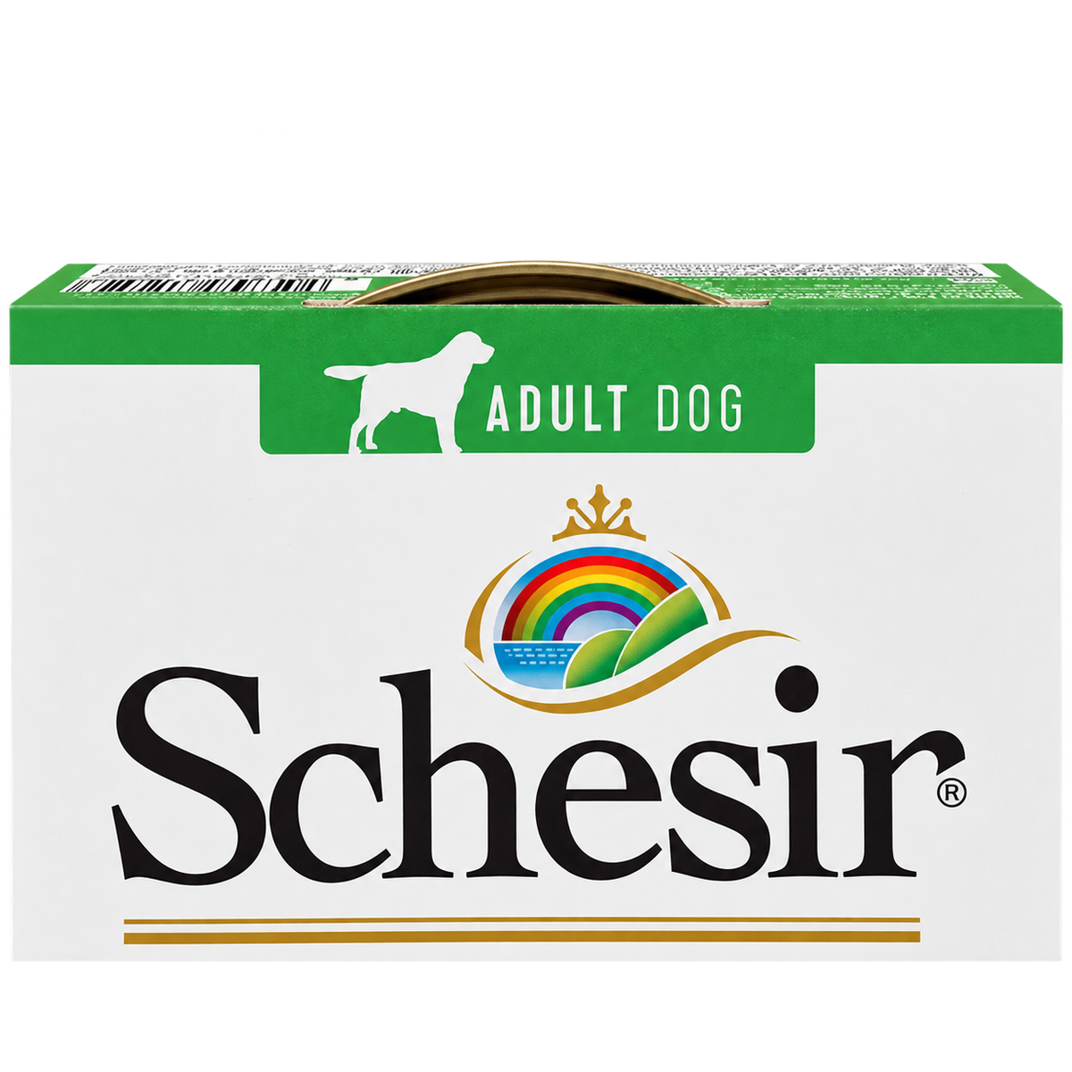 Detalle superior del envase Schesir filetes de pollo con la indicación Adult Dog