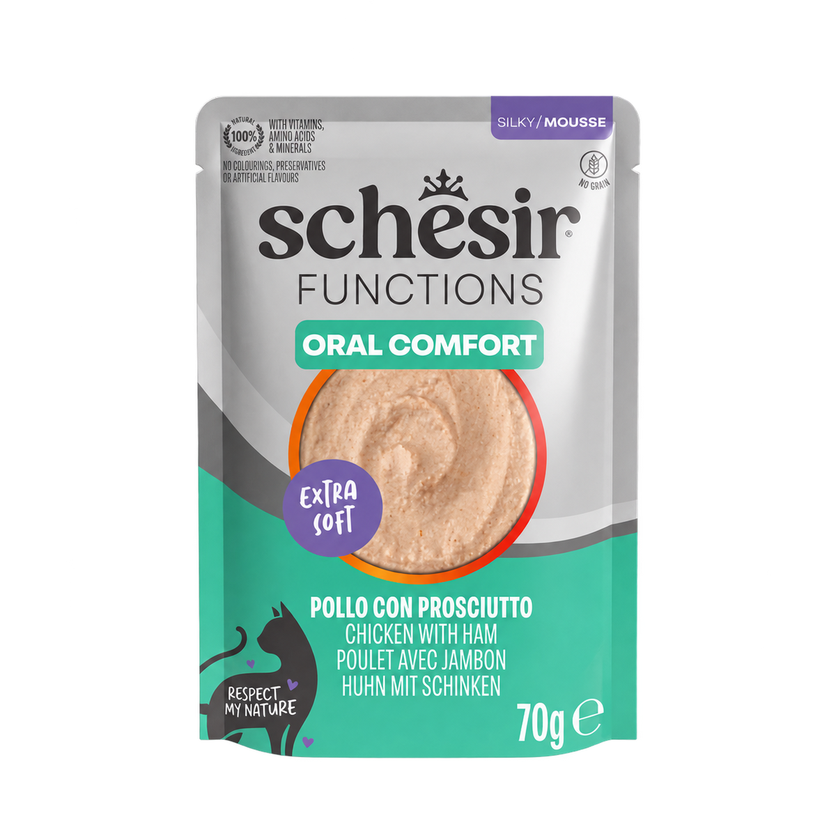 Schesir Functions Oral Comfort de pollo con jamón para gatos, 70 g
