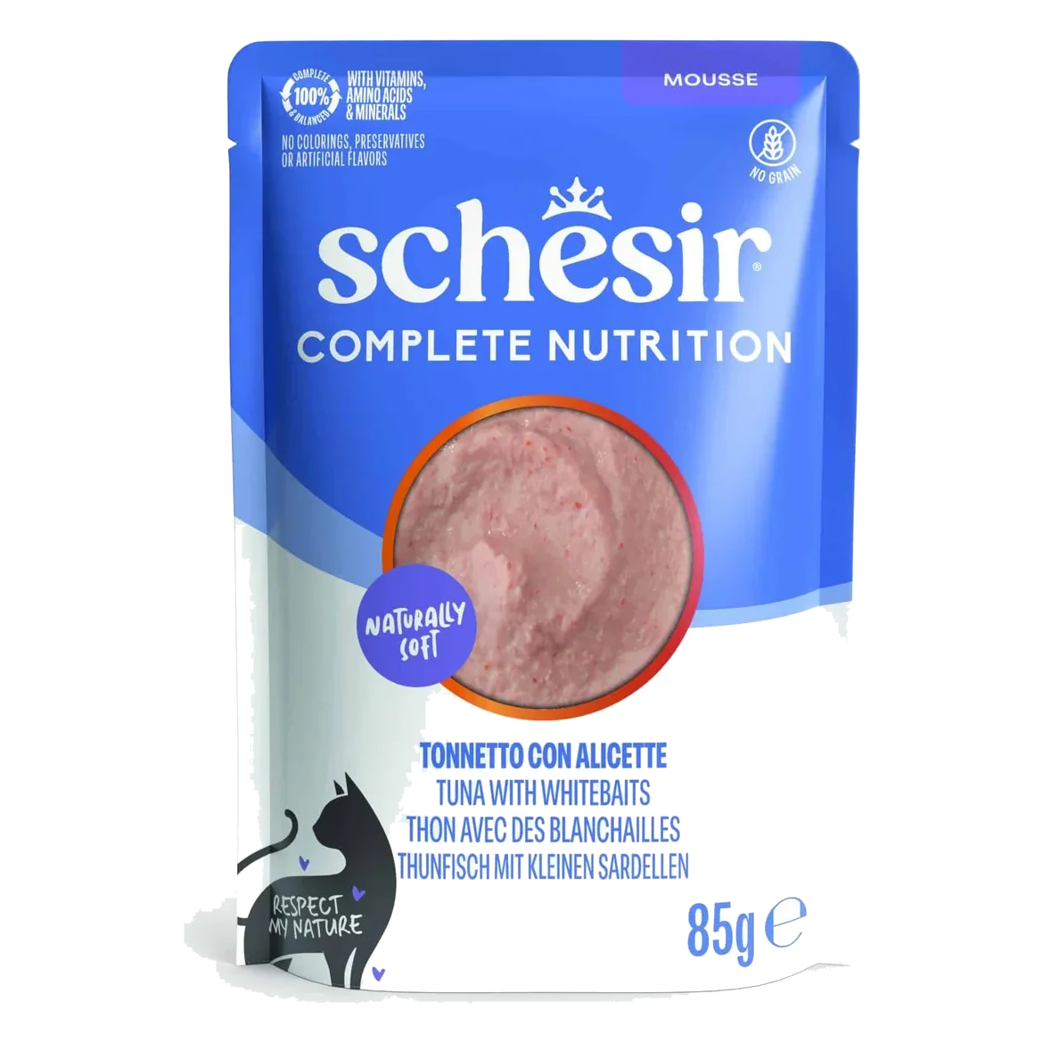 Schesir sobres 85 gr atún con anchoetas en mousse nutrición completa para gatos