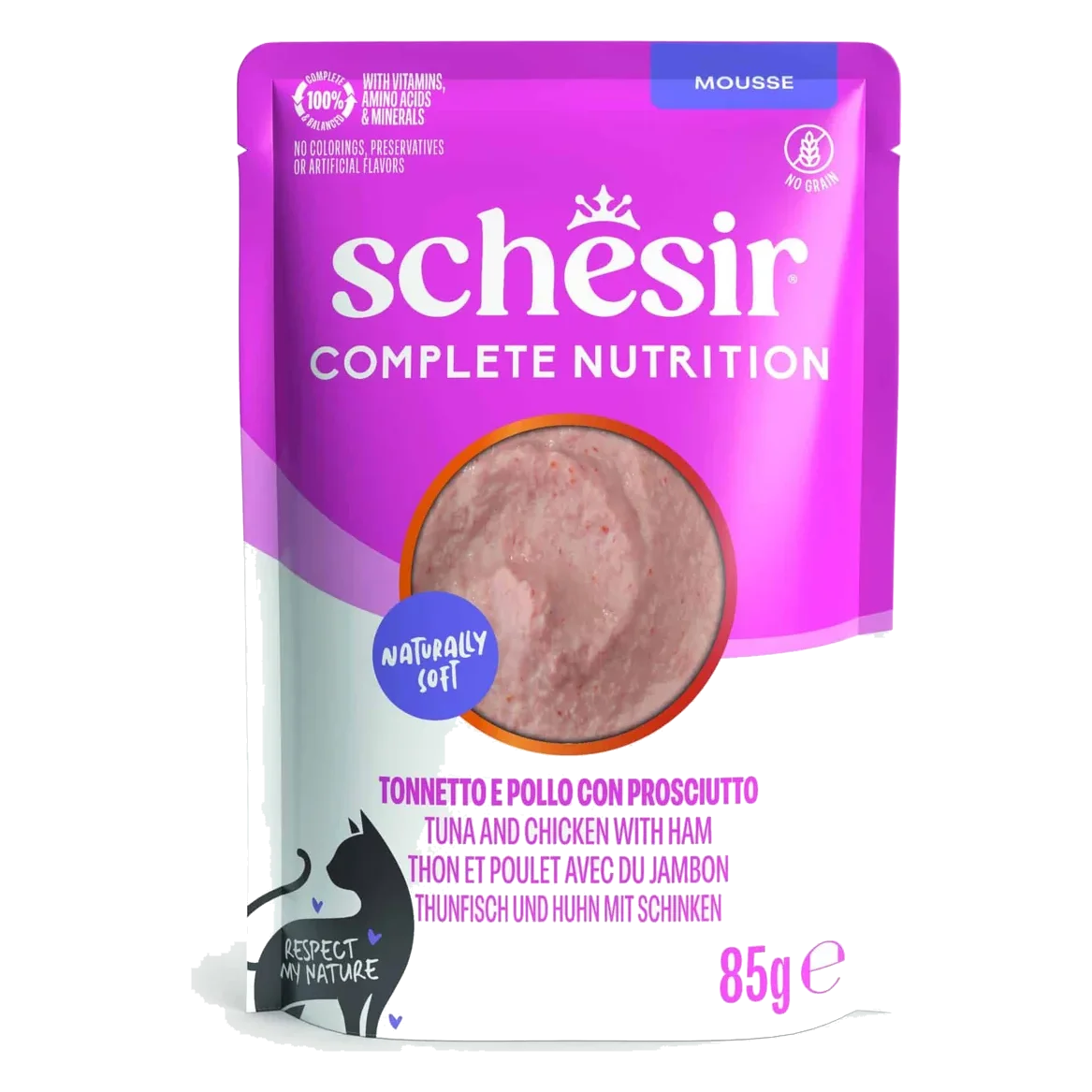Schesir sobres 85 gr atún con pollo y jamón en mousse nutrición completa para gatos