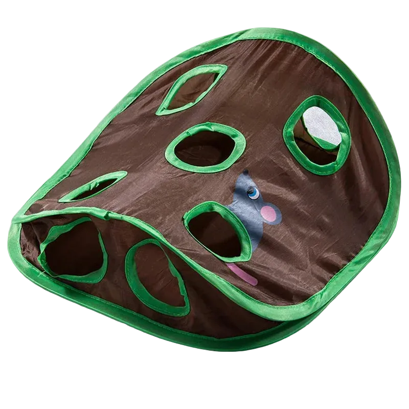 Túnel plegable para gatos de nailon marrón con bordes verdes y ratón estampado
