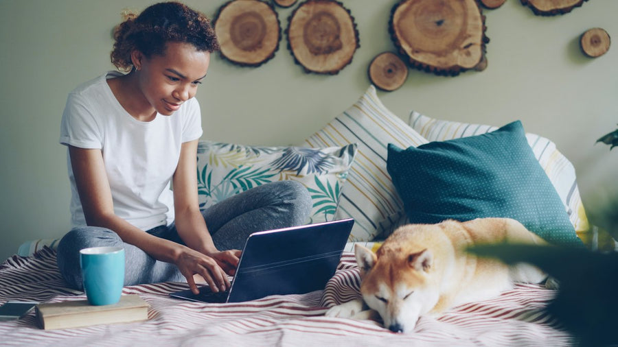 Mujer consultando el portátil con su perro