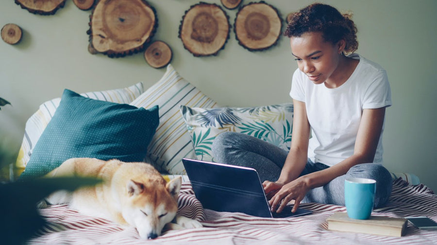 Mujer trabajando con el portátil junto a su perro