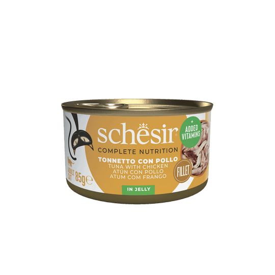 Schesir Lata Atún con filetes de pollo 85g alimento completo para gatos