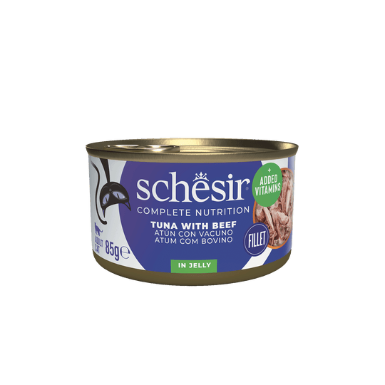 Schesir Lata Atún con buey 85 gr alimento completo para gatos