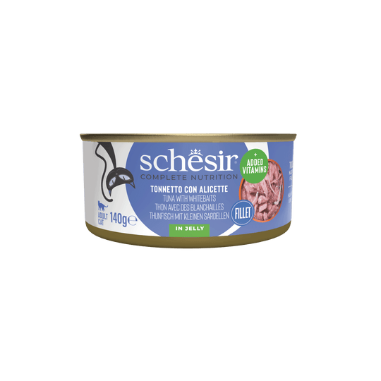 Schesir Lata Atún y chanquete con gelatina 140g alimento completo para gatos
