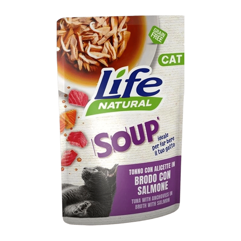 Sopa life cat atún con anchoetas y salmón 60 gr para gatos