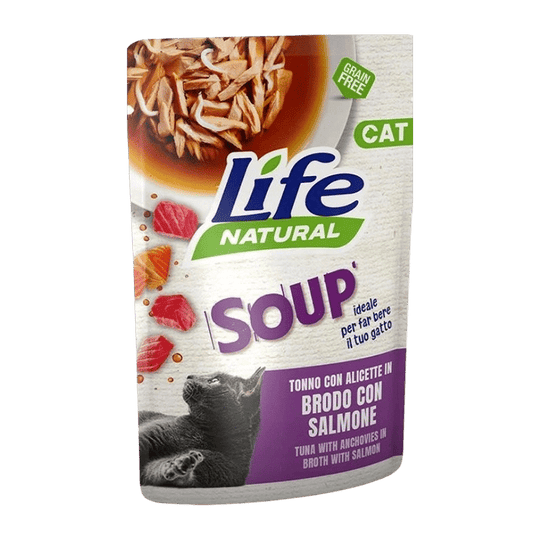 Sopa life cat atún con anchoetas y salmón 60 gr para gatos