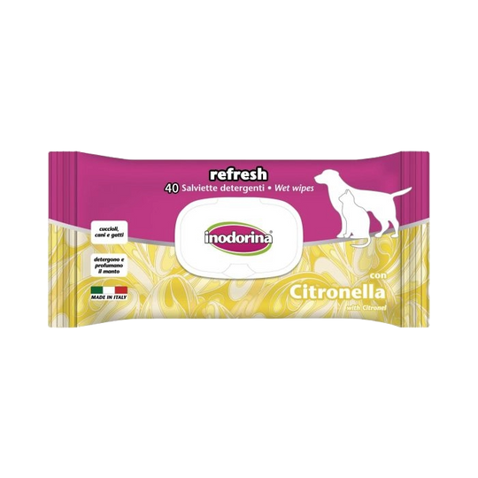 Toallitas Inodorina Refresh con citronela para perros y gatos