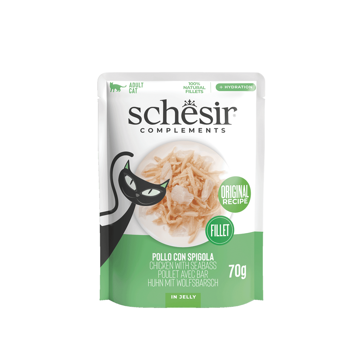 Schesir Sobre Filetes de pollo con lubina 70 gr para gatos