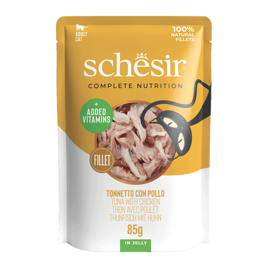 Schesir Sobre Atún y filetes de pollo 85g alimento completo para gatos