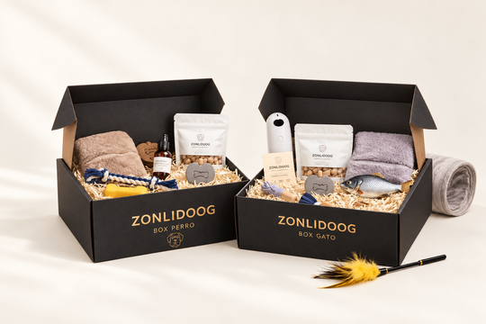 Presentación ilustrativa de ZONLIDOOG Box para perros y gatos; el contenido depende de la selección