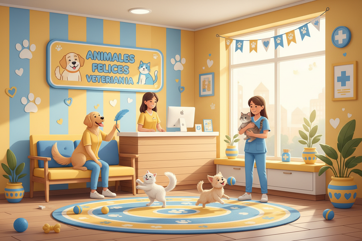 ANIMALES FELICES VETERINARIA AMARILLO Y AZUL CIELO 