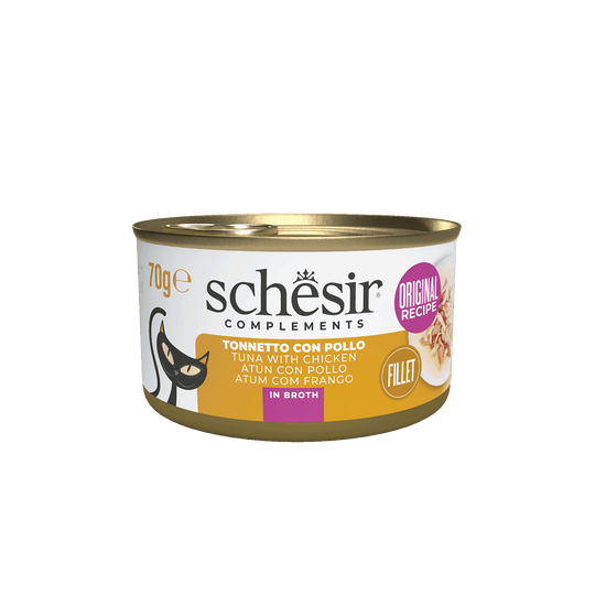Schesir Lata Atún y filetes de pollo 70 gr en caldo para gatos