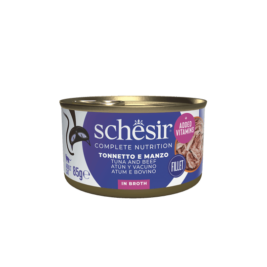 Schesir Lata Atún y filetes de buey con arroz al natural 85g alimento completo para gatos