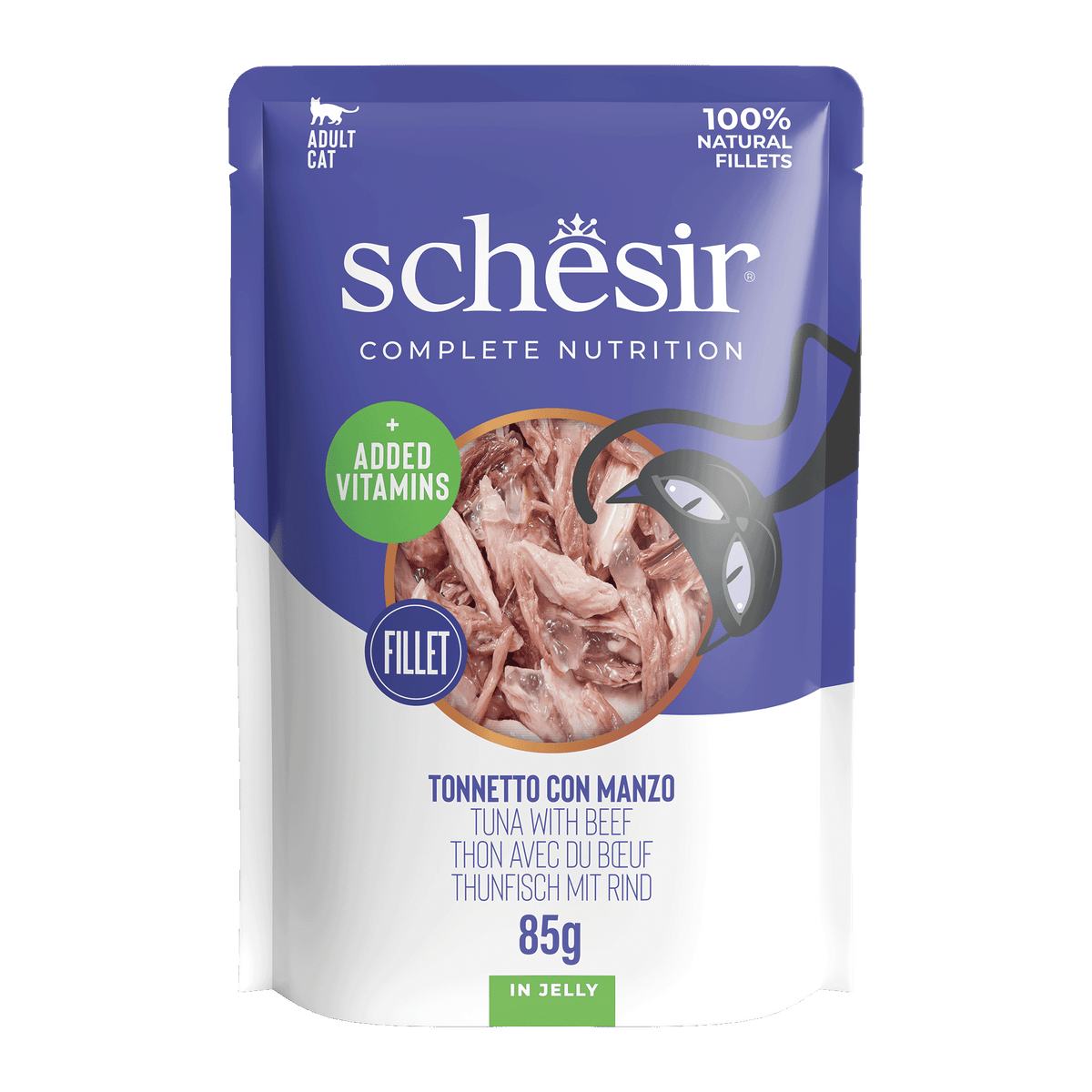 Schesir Sobre Atún con buey 85 gr Alimento completo para gatos
