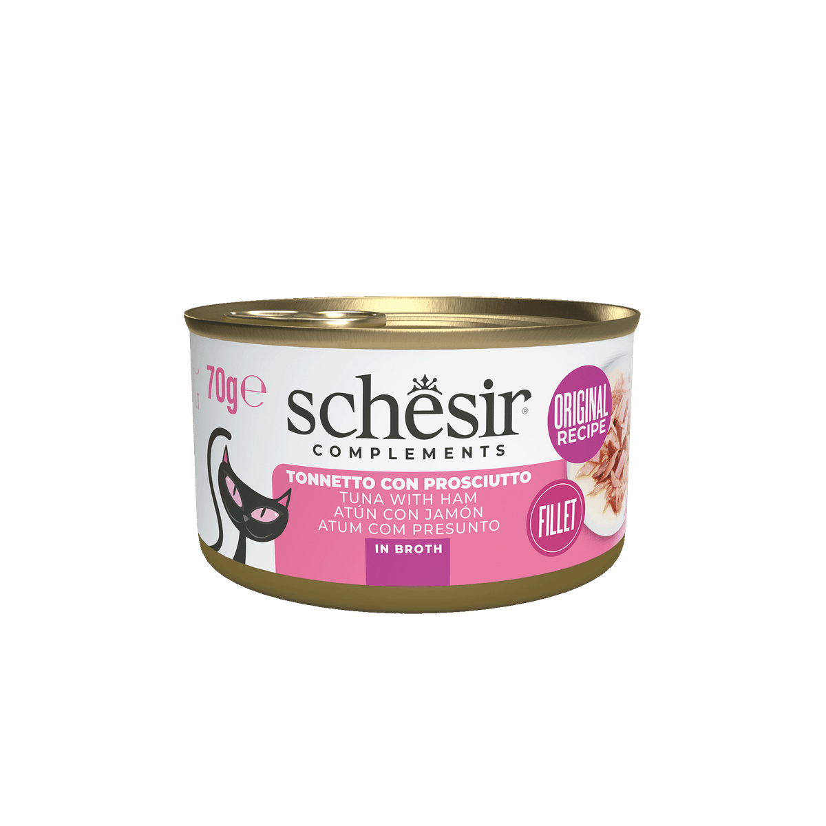Schesir Lata Atún con jamón en caldo 70 gr para gatos