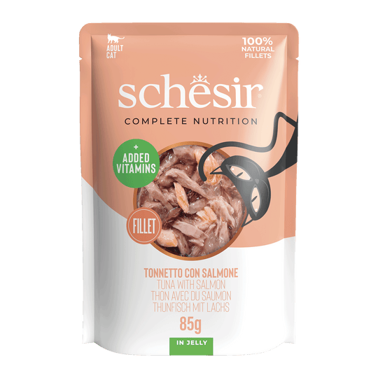 Schesir Sobre Atún con salmón 85g Alimento completo para gatos