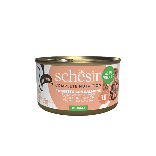 Schesir Lata Atún con salmón 85 gr alimento completo para gatos