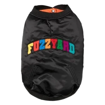 Chaqueta bomber para perros FuzzYard Frat satinada negro