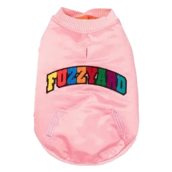 Chaqueta bomber para perros FuzzYard Frat satinada rosa