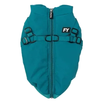 Chaqueta con arnés para perros FuzzYard Flash verde azulado