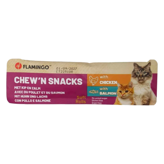 Chew´n snacks pollo y salmón 10 g para gatos