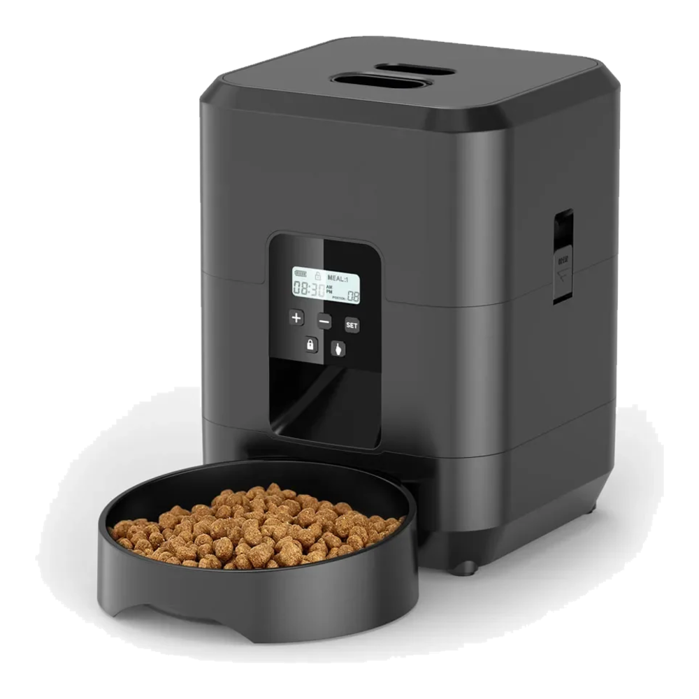 Comedero automático para gatos negro con botones y pantalla