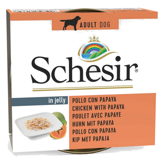 Comida húmeda Schesir pollo con papaya en gelatina 150 g para perros adultos