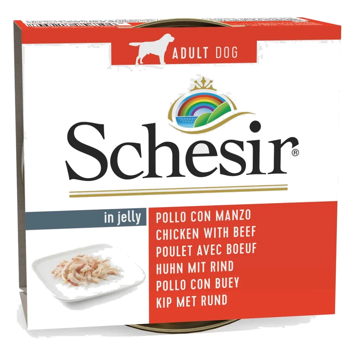 Comida húmeda Schesir pollo con vacuno en gelatina 150 g para perros adultos