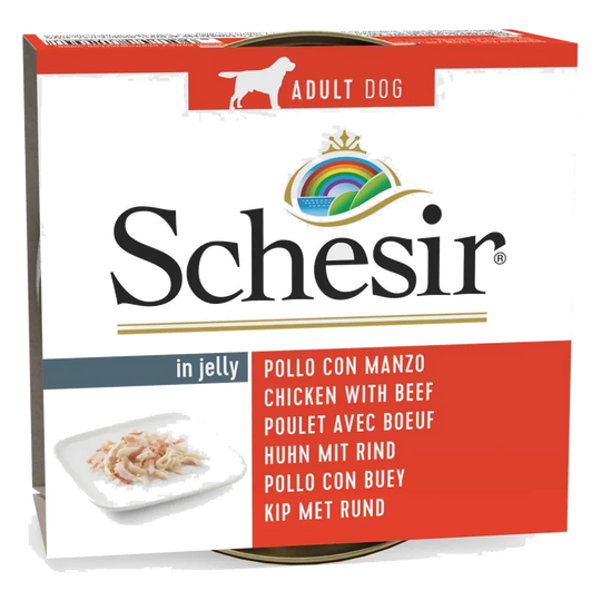 Comida húmeda Schesir pollo con vacuno en gelatina 150 g para perros adultos