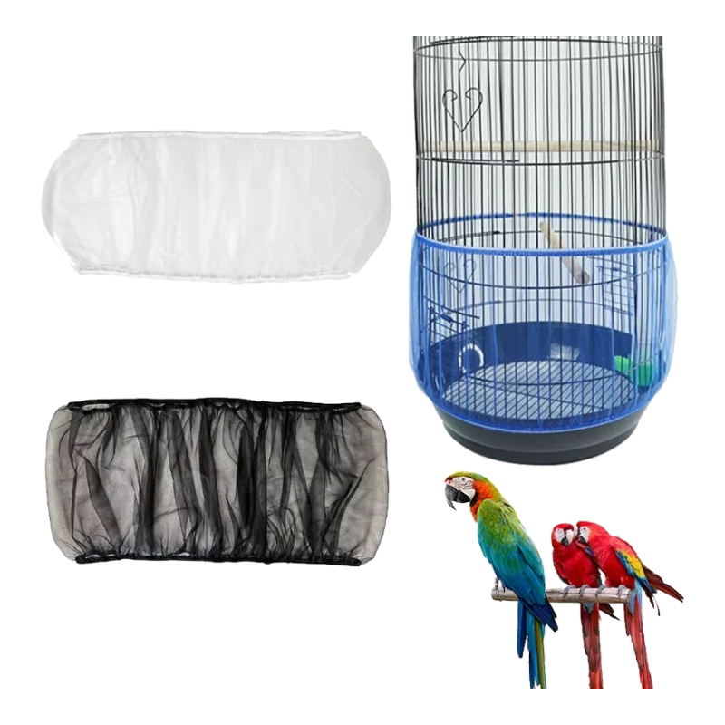 Faldón de malla para jaula de loros en blanco y negro colocado en la jaula
