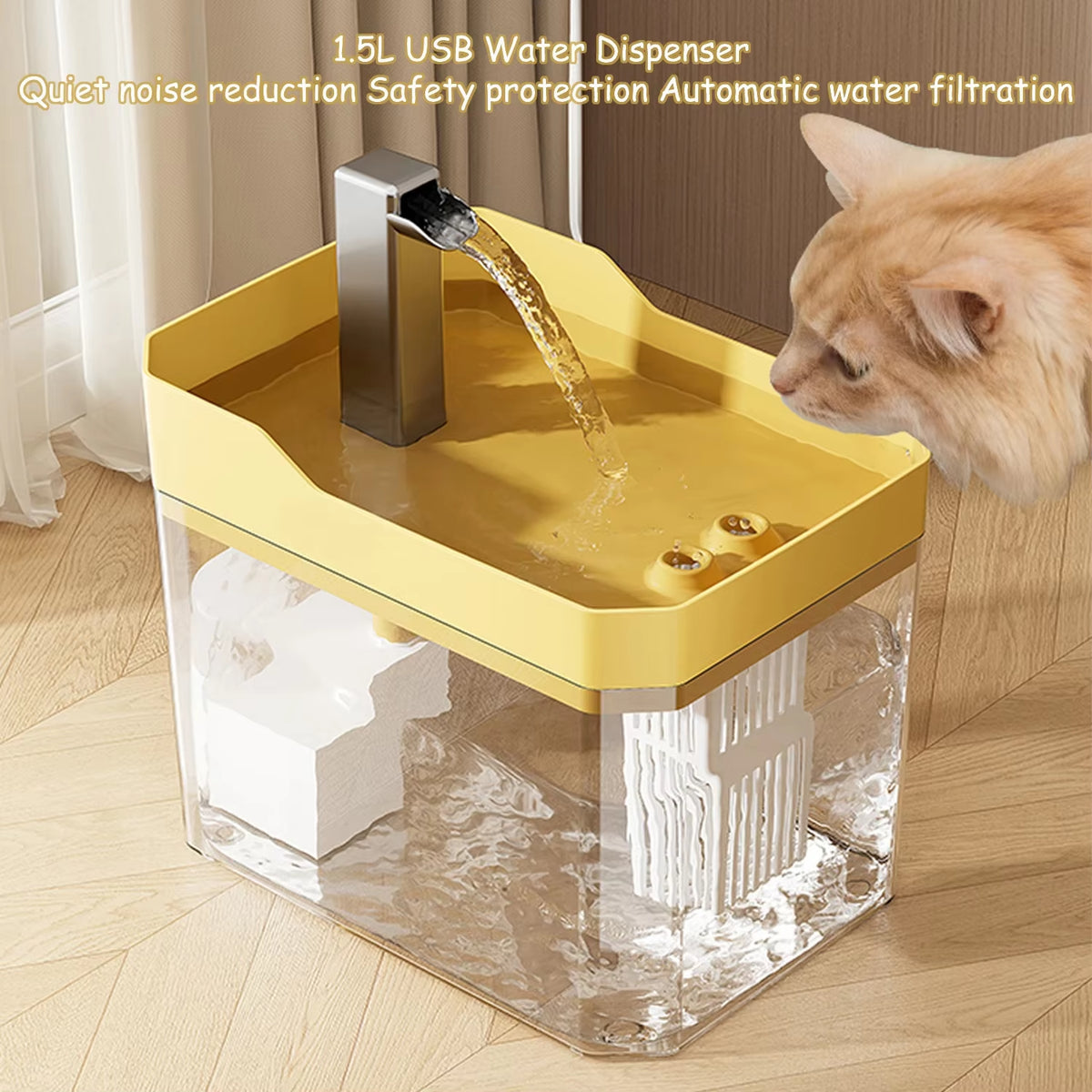 Fuente de agua transparente de 1,5 L con filtro para gatos, USB, vista de detalle 1