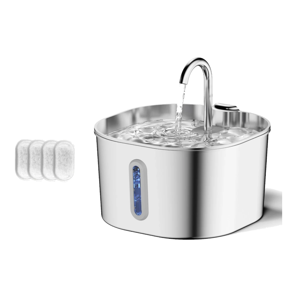 Fuente para gatos de acero inoxidable 2,2 L con 4 filtros de recambio