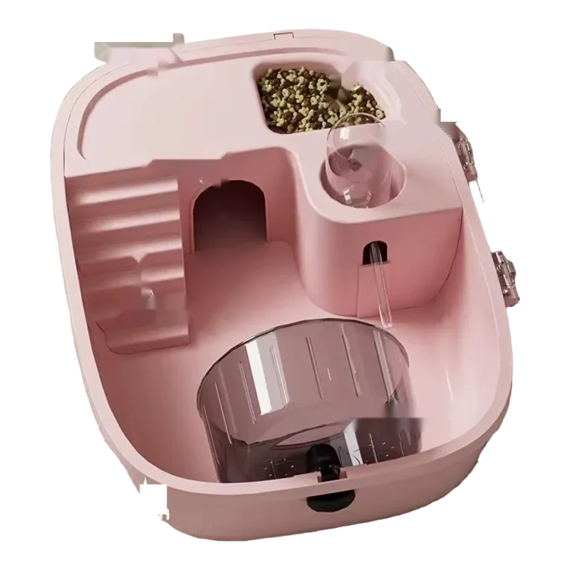 Hábitat compacto para hámster rosa con escondite, comedero, bebedero, escalera y rueda