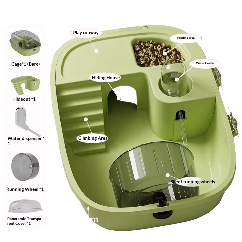 Hábitat compacto con zonas integradas y tapa panorámica para hámster, verde
