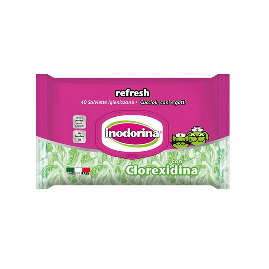 Toallitas Inodorina Refresh con clorhexidina para perros y gatos