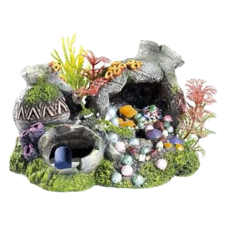 Jarras y plantas sobre rocas para acuario