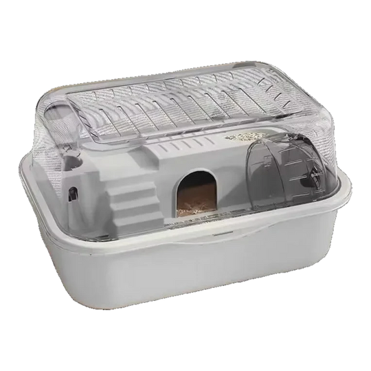 Jaula para hámster antimordeduras gris con tapa abatible transparente