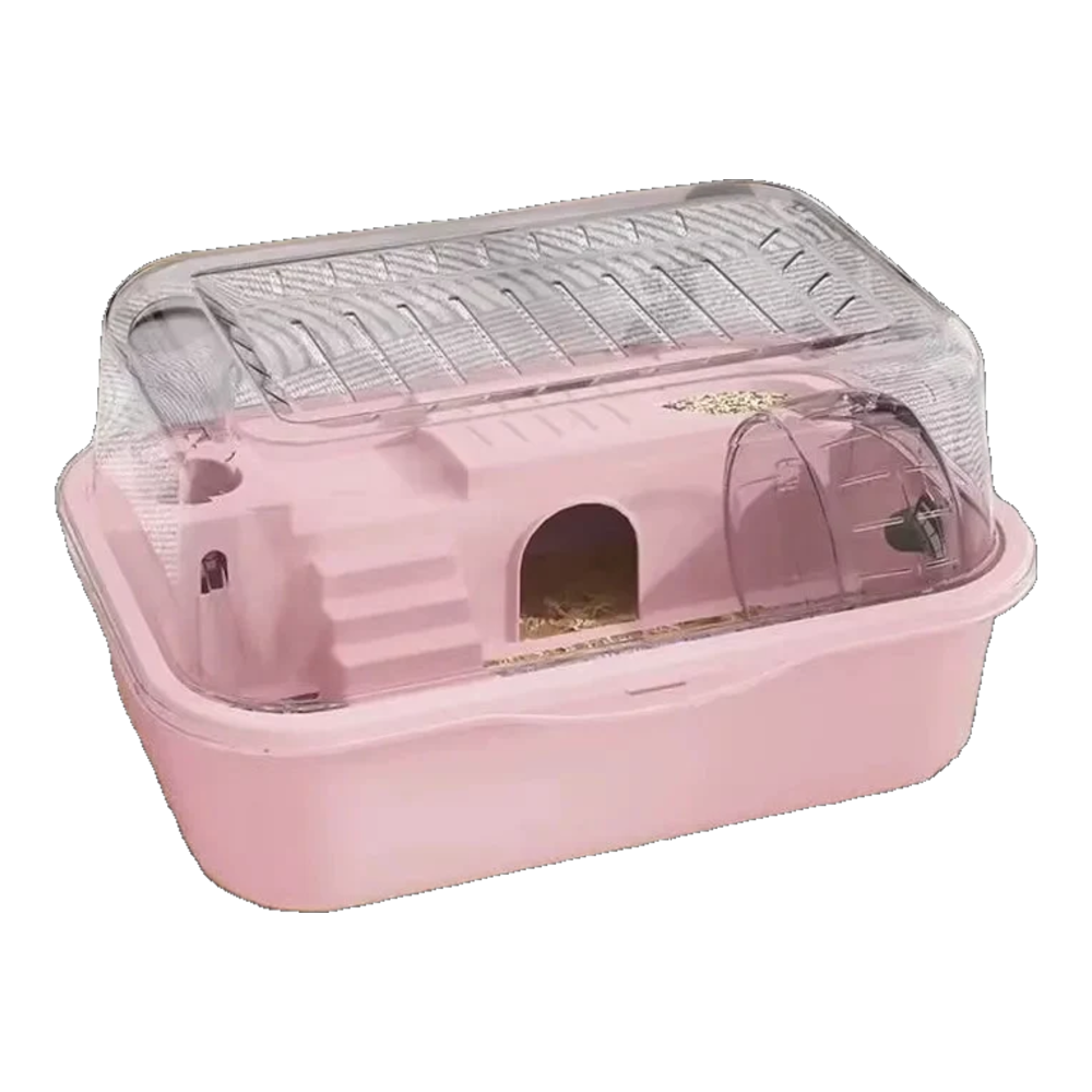 Jaula para hámster antimordeduras rosa con tapa abatible transparente