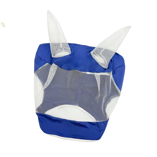 Máscara antimoscas azul para caballo con orejas y malla transpirable, vista frontal