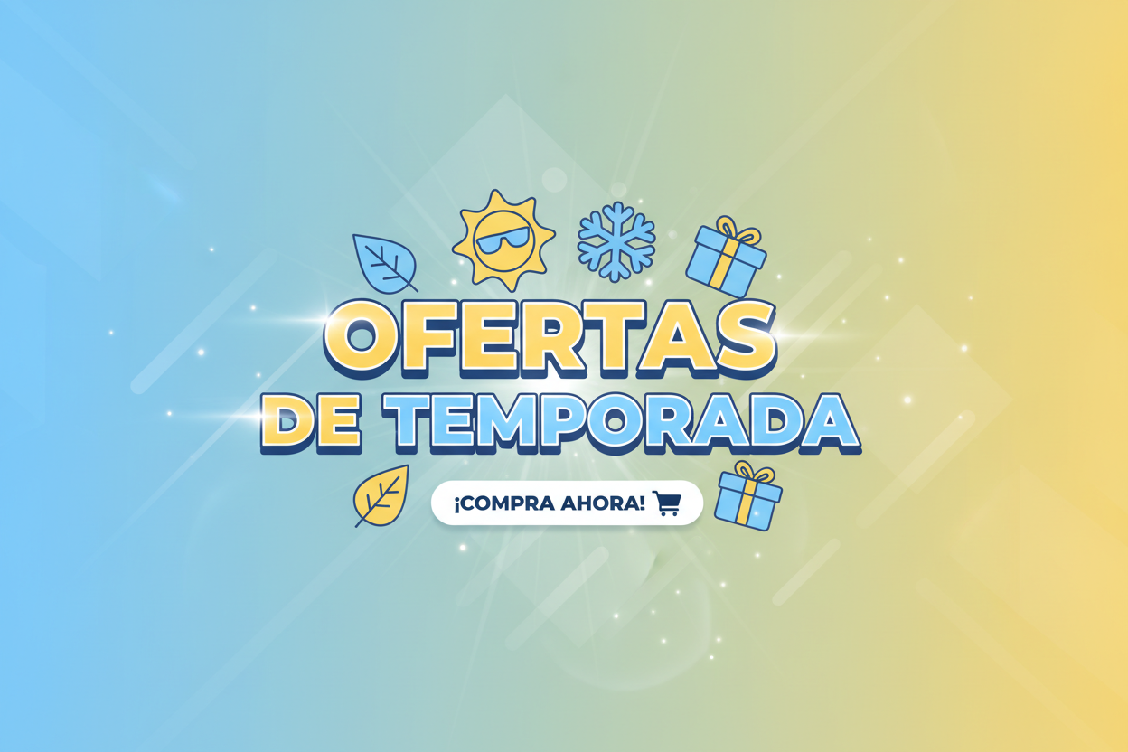 OFERTAS DE TEMPORADA en español y de color azul cielo y amarillo