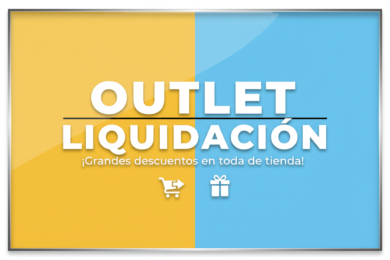 OUTLET / LIQUIDACIÓN en español color fondo amarillo y azul cielo 
