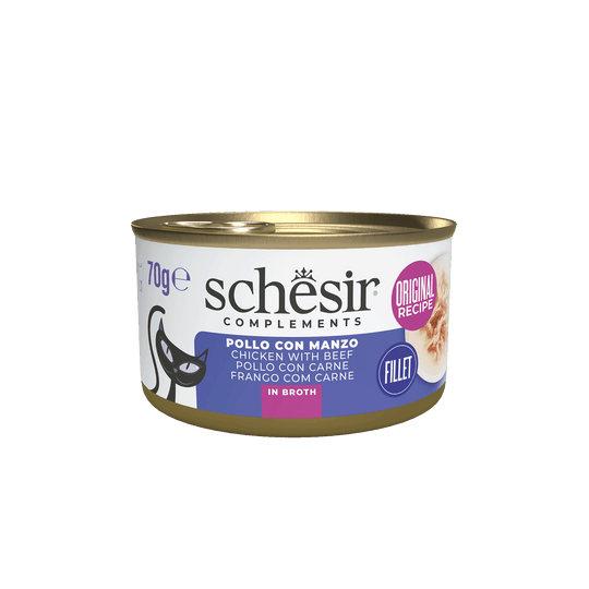 Schesir Lata Filetes de pollo con con buey 70 gr en caldo para gatos