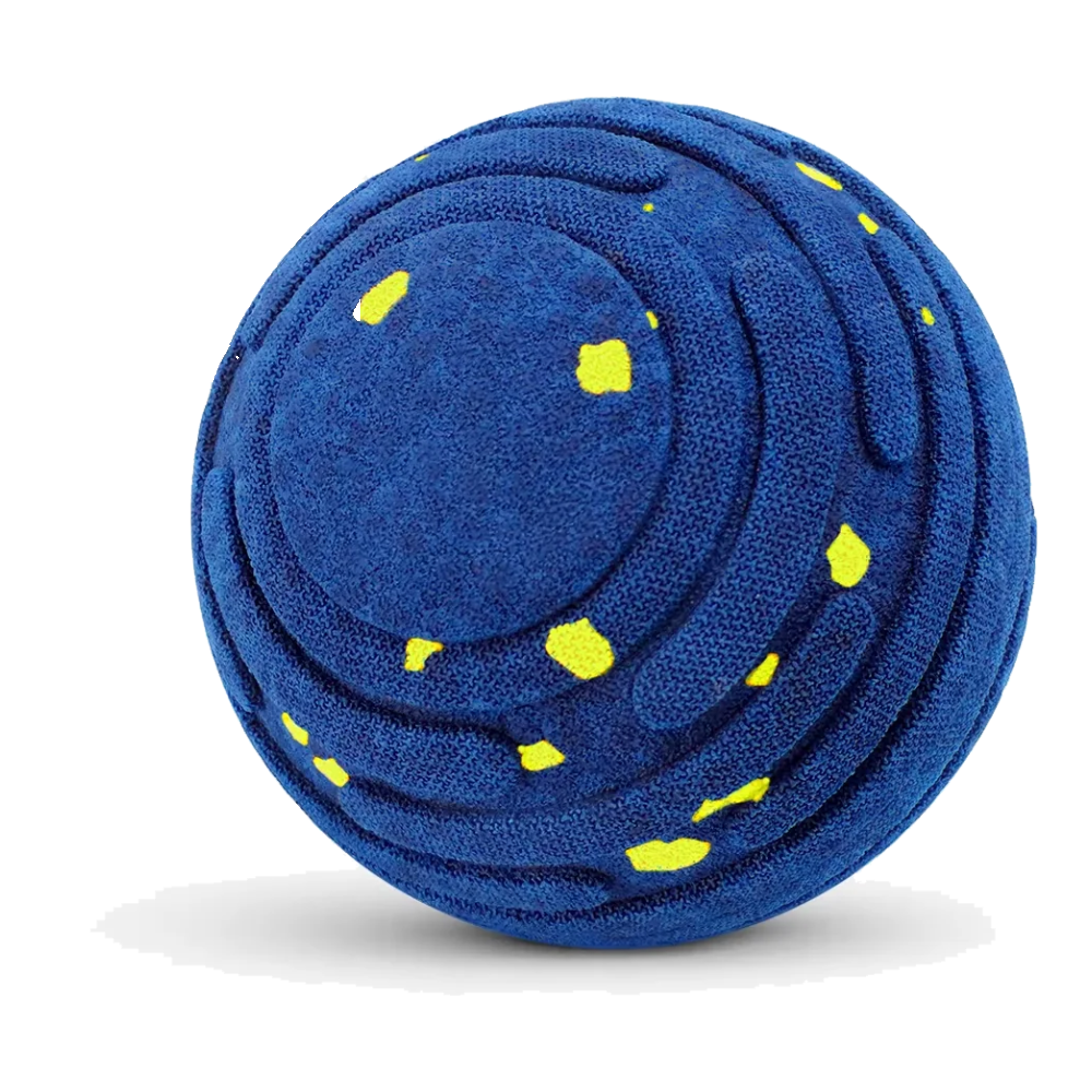 Pelota interactiva para perros azul con puntos amarillos