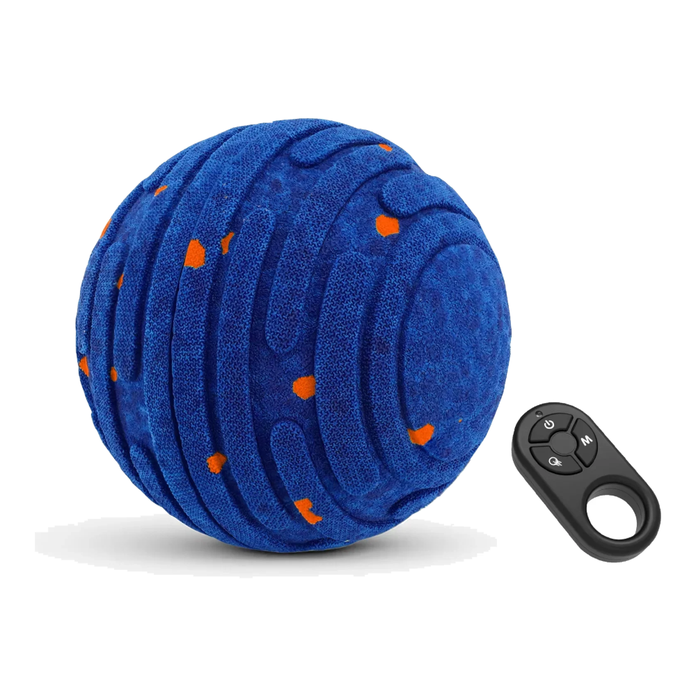 Pelota interactiva para perros azul con puntos naranjas y mando a distancia