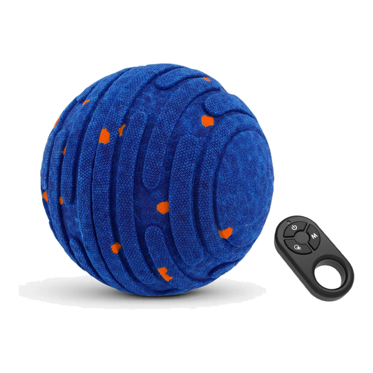 Pelota interactiva para perros azul con puntos naranjas y mando a distancia